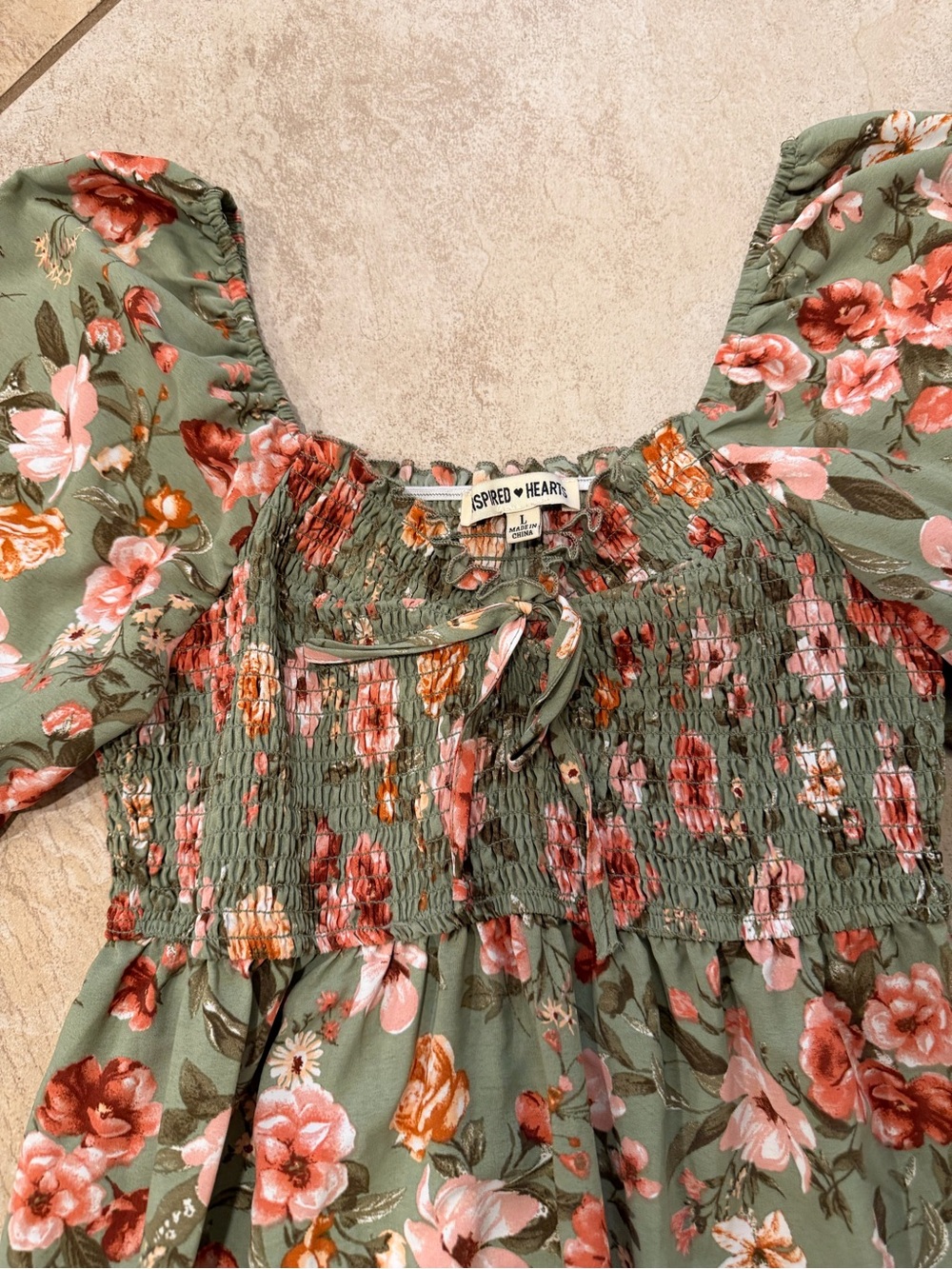 Inspired Hearts Sage Green Floral Smocked Maxi Dress with Side Slit | Size Large - Picture 2 of 2
